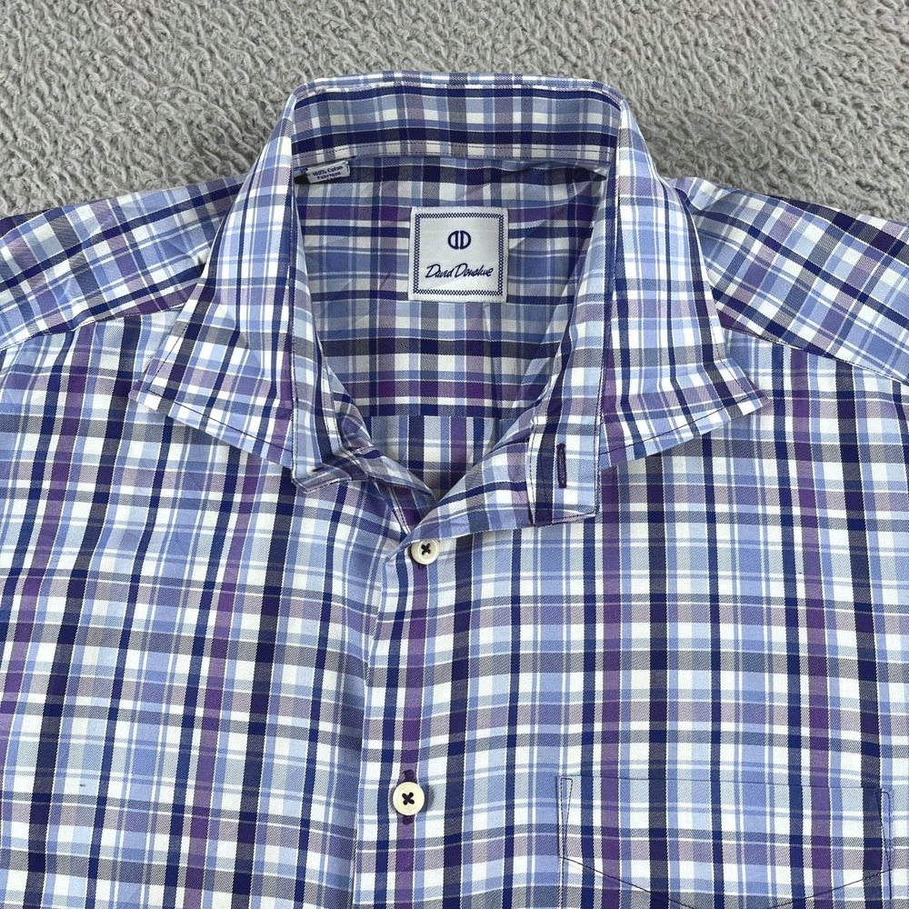 David Donahue Button Down Shirt Mens Large Plaid 100% Cotton Blue Purple